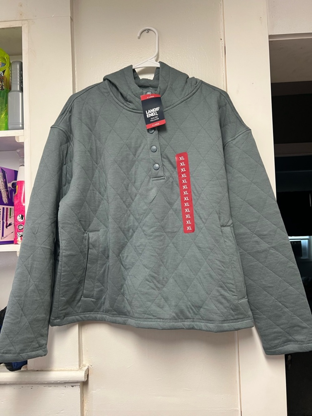 Lands' End Quilted Pullover Hoodie in Slate Green